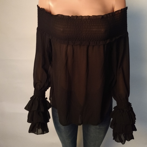 Chiffon Off-Shoulder Blouse for Women – Tiered Cuff Long Sleeves - Picture 2 of 5